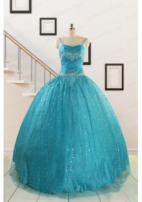 Perfect Spaghetti Straps Appliques Sequins Turquoise Quinceanera Dresses for 2015