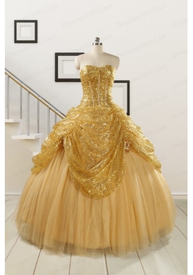 2015 Most Popular Sweetheart Sequined Quinceanera Dresses in Gold