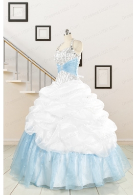 2015 Pretty Halter White and Blue Quinceanera Dress with Beading