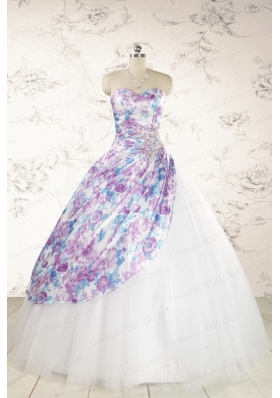 2015 Printed Multi-color Quinceanera Dresses with Beading and Ruching