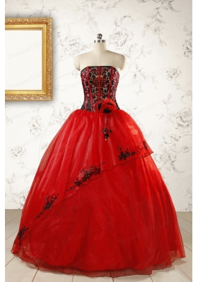 Red Appliques Strapless Quinceanera Dresses for 2015