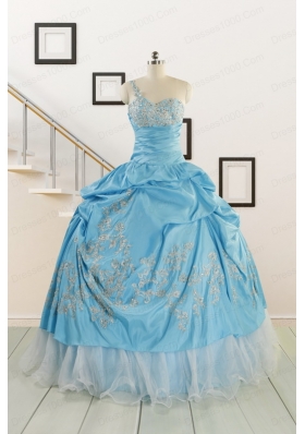 2015 Pretty One Shoulder Appliques Quinceanera Dresses in Aqua Blue