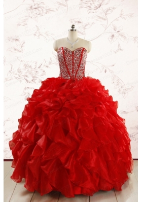 Red Beading and Ruffles Sweetheart Pretty Quinceanera Dresses for 2015