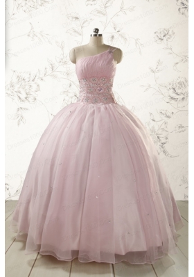 2015 One Shoulder Beading Light Pink Quinceanera Dresses