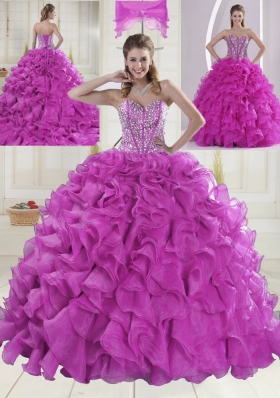 Ball Gown Sweetheart Brush Train Beading Quinceanera Dresses in Fuchsia