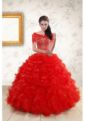 2015 Ball Gown Beading Quinceanera Dresses in Red