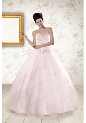 2015 Modest Light Pink Quinceanera Dresses with Appliques