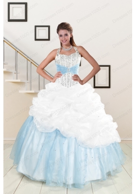 2015 White and Blue Ball Gown Quinceanera Dress with Halter