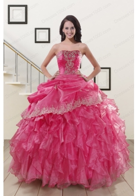 Appliques and Ruffles 2015 Hot Pink Quinceanera Gowns