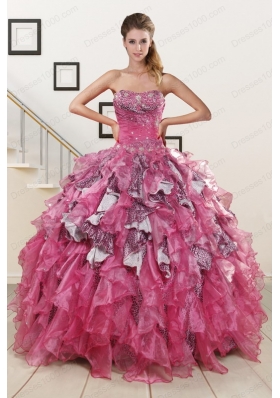 Exquisite Beading Hot Pink Sweet 15 Dress with Leopard for 2015