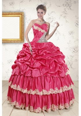 2015 Cheap Appliques Sweet 15 Dresses in Coral Red