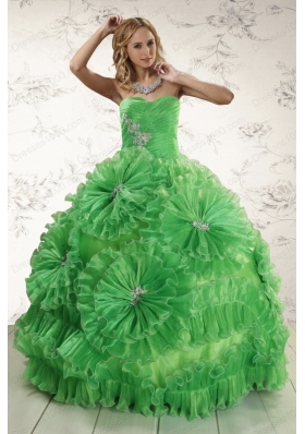 2015 Classical Sweetheart Green Quinceanera Dresses with Appliques and Ruffles