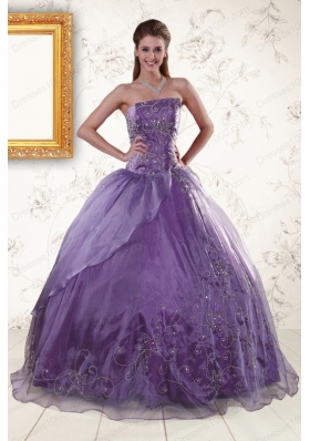 2015 Elegant Purple Strapless Appliques Quinceanera Dresses