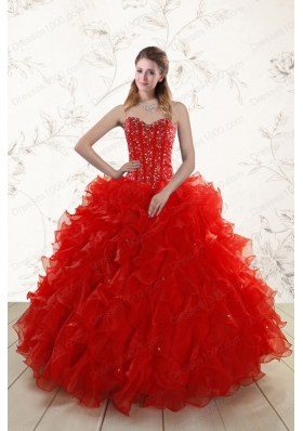 2015 Elegant Red Quinceanera Dresses with Beading and Ruffles