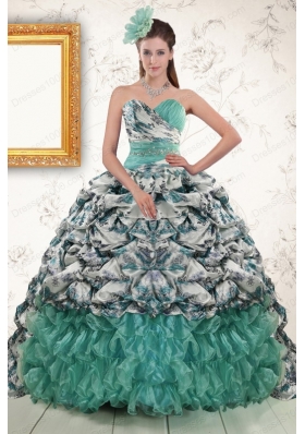 2015 Exquisite Turquoise Sweep Train Quinceanera Dresses with Beading and Picks Ups