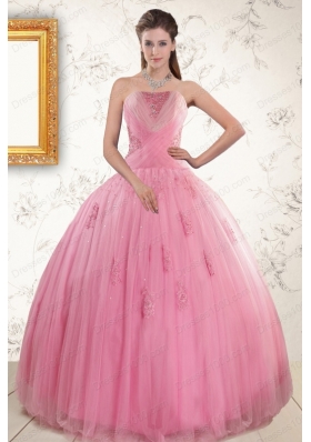 2015 Pretty Pink Quinceaneras Dresses with Appliques and Beading
