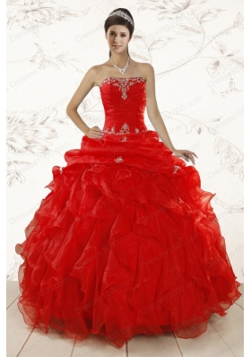 Cheap Red Ball Gown Strapless Sweet 15 Dresses with Beading and Ruffles