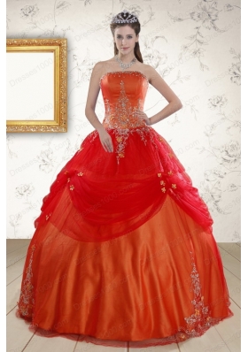 Cheap Strapless Appliques Sweet 16 Dresses in Orange Red