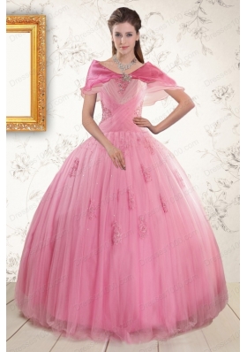 2015 Cheap Pink Quinceaneras Dresses with Appliques and Beading