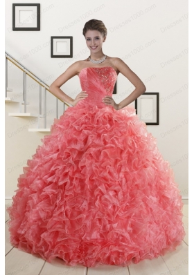 2015 Cheap Watermelon Red Sweet 15 Dress with Beading