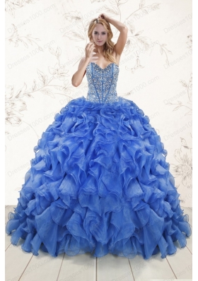 Cheap Beaded Royal Blue Sweet 15 Dresses with Sweep Train
