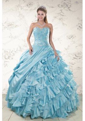 Fashionable Beading Ruffles Aqua Blue Organza Quinceanera Dresses for 2015