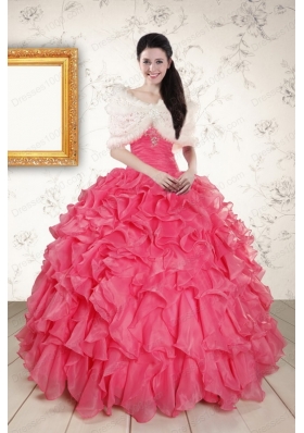 New Style Beading and Ruffles 2015 Hot Pink Quinceanera Dresses with Strapless