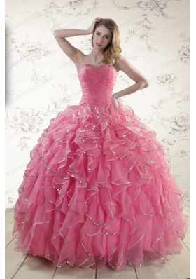 2015 New Style Beading Quinceanera Dresses in Rose Pink