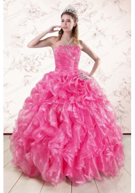 2015 New Style Hot Pink Quinceanera Dresses with Appliques and Ruffles