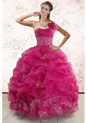 New Style One Shoulder Appliques and Pick Ups Quinceanera Dresses in Fuchsia