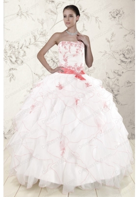 New Style White Quinceanera Dresses with Pink Appliques and Ruffles