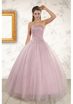 Most Popular Light Pink Strapless Elegant Quinceanera Gowns with Appliques