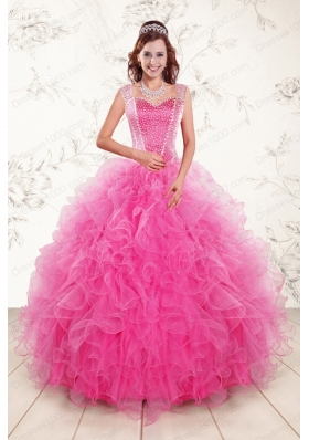 most popular Straps Hot Pink Quinceanera Gowns with Beading