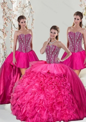 2015 Beautiful and Detachable Hot Pink Sweet 15 Dresses with Beading and Ruffles