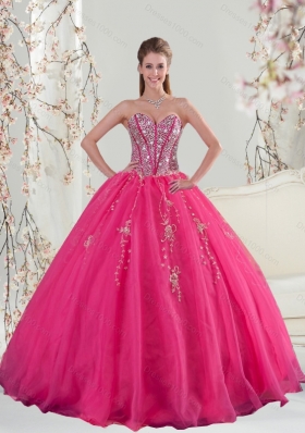 2015 Designer Sweetheart Hot Pink Sequins and Appliques Prom Dresses