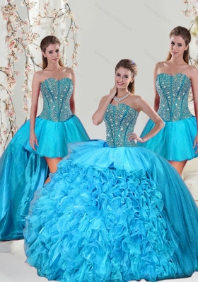 Detachable and Designer Aqua Blue Sweet 15 Dresses with Beading and Ruffles for 2015