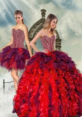 Detachable and Designer Beading and Ruffles Multi Color Quince Dresses for 2015