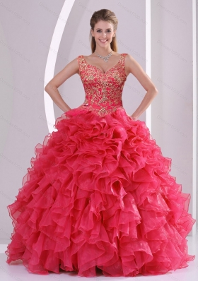 2015 Detachable and Modern Beading and Ruffles Quince Dresses in Red