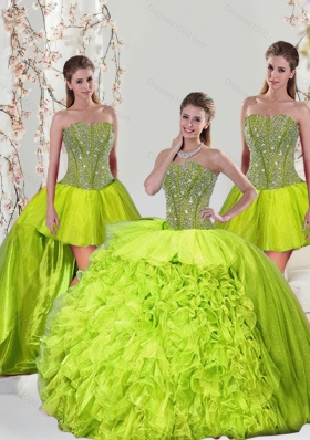 2015 Detachable and New Style Beading and Ruffles Yellow Green Dresses for Quince