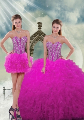 Detachable and Luxurious Quinceanera Dresses with Beading and Ruffles in Fuchsia for 2015 Spring