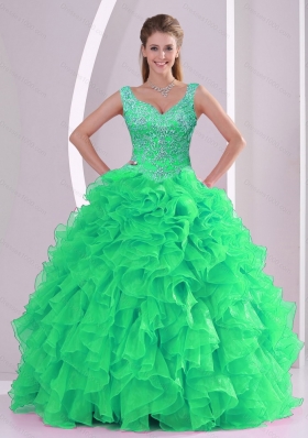 2015 New Style Spring Green Quinceanera Dresses with Beading and Ruffles