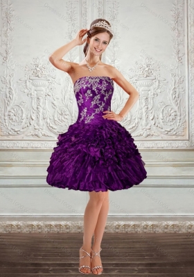 2015 Beautiful Purple Strapless Prom Dresses with Embroidery and Ruffles