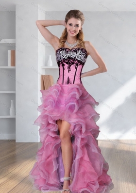2015 Discount Zebra Printed Strapless High-low Rose Pink Prom Dresses with Embroidery