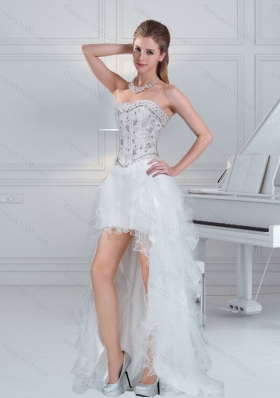 2015 Ball Gown Sweetheart White High Low Prom Dresses with Ruffles and Beading