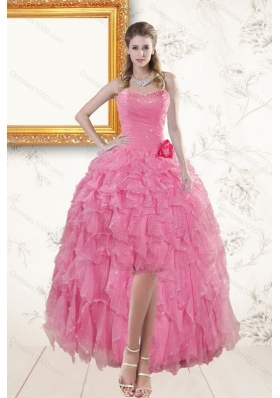 2015 Rose Pink Sweetheart Prom Dresses with Beading and Ruffles