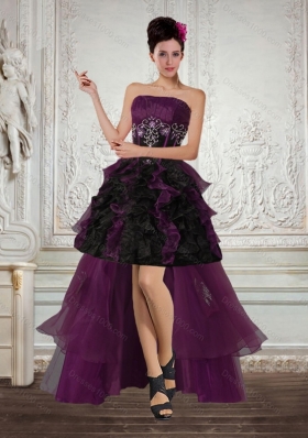 High Low Multi Color Strapless Prom Dresses with Ruffles and Embroidery