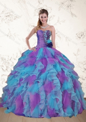 Cute Strapless Beading and Ruffles Multi Color Sweet 15 Dress