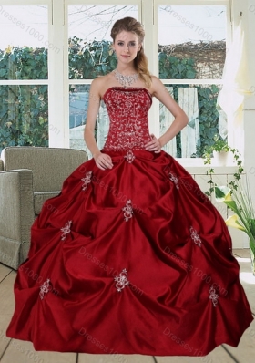 Wine Red Pretty Strapless 2015 Quinceanera Gown with Embroidery and Pick Ups