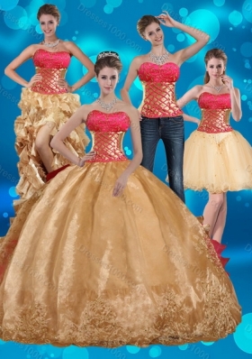 2015 Gold Strapless Quince Dress with Beading and Embroidery