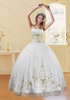 2015 New Style Strapless Embroidery White and Gold Dresses for Quinceanera